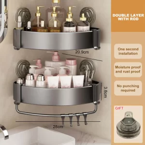 Suction Cup Aluminum Shower Shelf For Bathroom, Removable Shelves for Inside Shower, Bathroom Accessories, Shower Caddy Suction Cup, Wall corner shelf without drilling 12